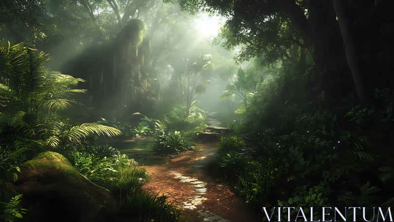 Forested pathway with atmospheric light penetration through dense canopy.