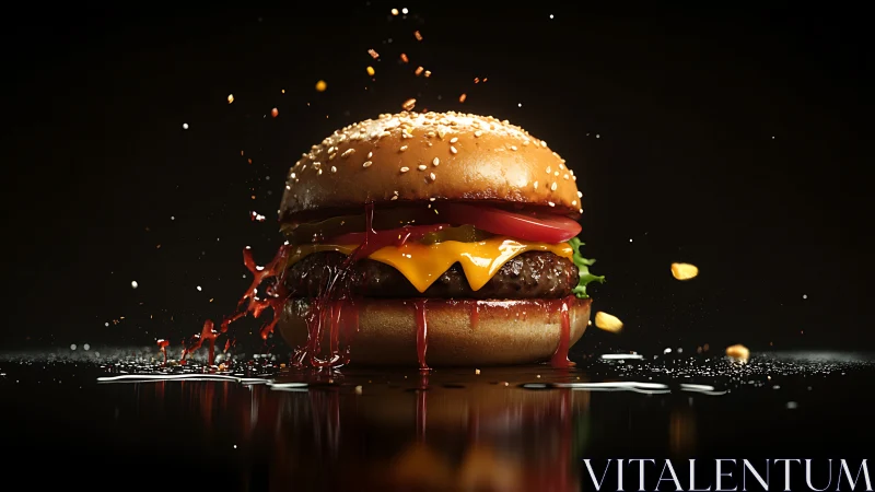 Burger meteor explodes in slow motion across glossy darkness