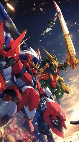 Dynamic mecha duel in cinematic anime battle composition.