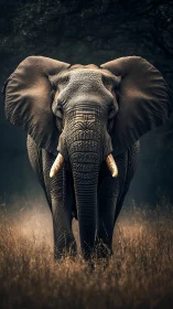 Majestic bull elephant strides through misty savanna grass.