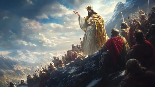 Mountain king addressing armed followers under dramatic sky.