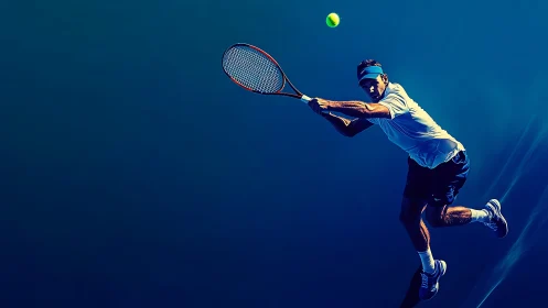High-contrast midair tennis backhand under deep blue lighting
