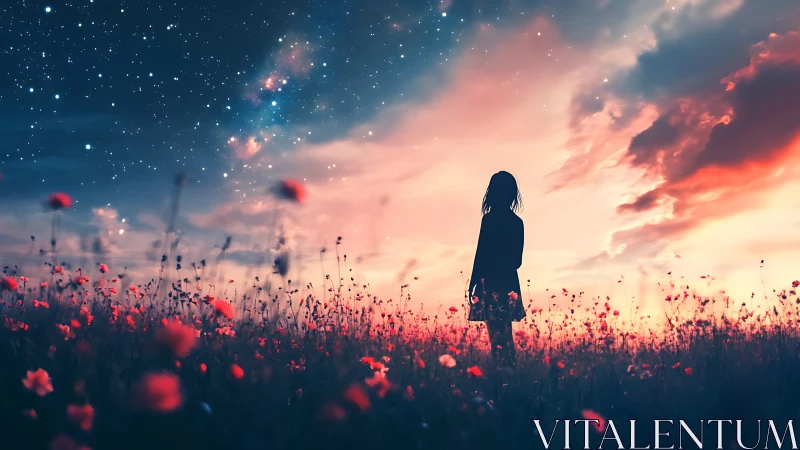 Girl in twilight flower field gazes toward a starry cosmos.