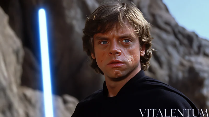 Male figure in black robe stands before rock face outdoors