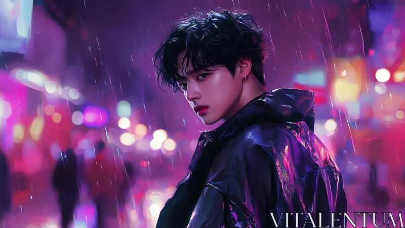 Neon rain portrait in cyberpunk city with bokeh streetscape.