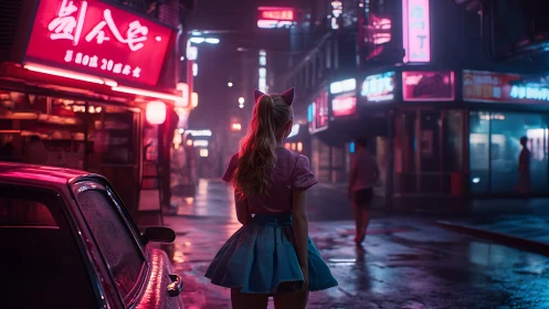 Neon drenched alley with cosplay girl in pastel streetwear
