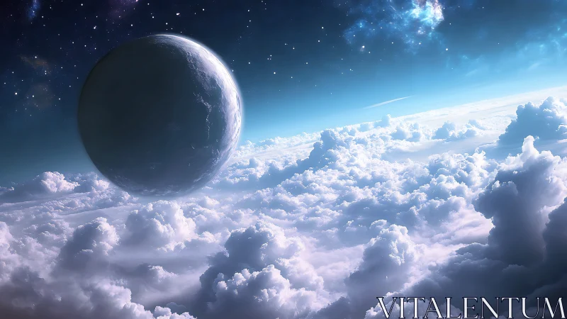 Colossal blue planet hovering above luminous cloud ocean.