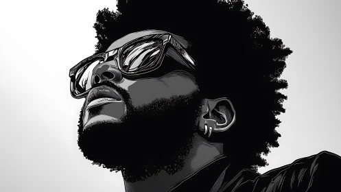 Monochrome vector portrait of man with afro and sunglasses.