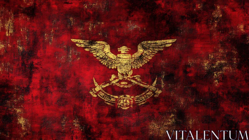 Golden eagle military emblem on distressed red field.