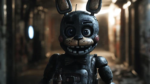 Rusty animatronic rabbit stares down dim industrial hallway.