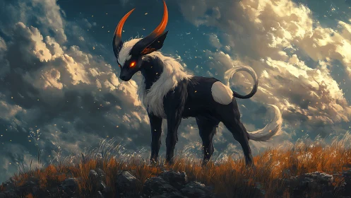 Bioluminescent horned creature stands on windswept ridge at dusk