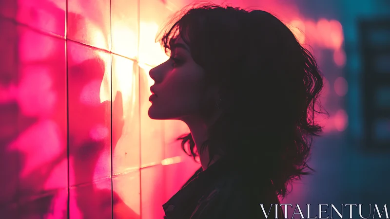 Silhouette of Woman Against Neon Wall in Vibrant Cinematic Style.