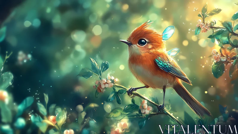 Enchanting Fantasy Bird on Blossoming Branch, Digital Art Style.