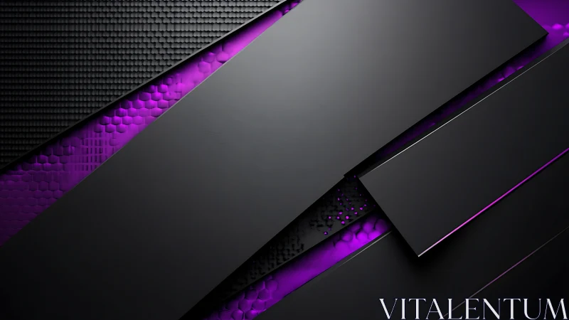 Black geometric panels cut across purple hex texture.