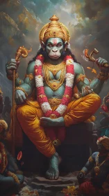 Divine simian deity seated in regal orange robes