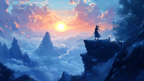 Lone wanderer on cliffside at radiant fantasy sunrise.