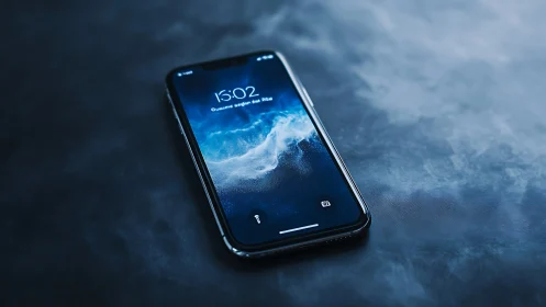 Premium smartphone displaying dynamic wave lockscreen. Minimalist product composition.