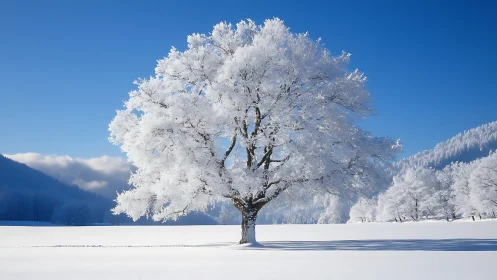 Solitary frosted tree stands in a luminous winter silence