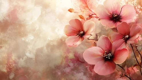 Pink cosmos flowers with dark centers on soft textured background