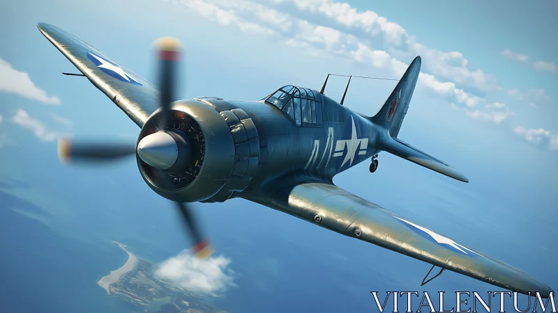 WWII naval fighter climbs above ocean in dynamic 3D render