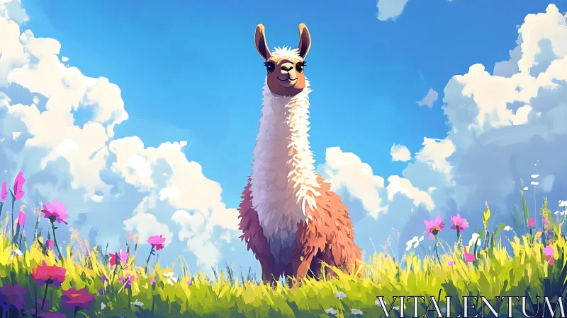 Sunny meadow llama soaking in a carefree, cloud-bright day.