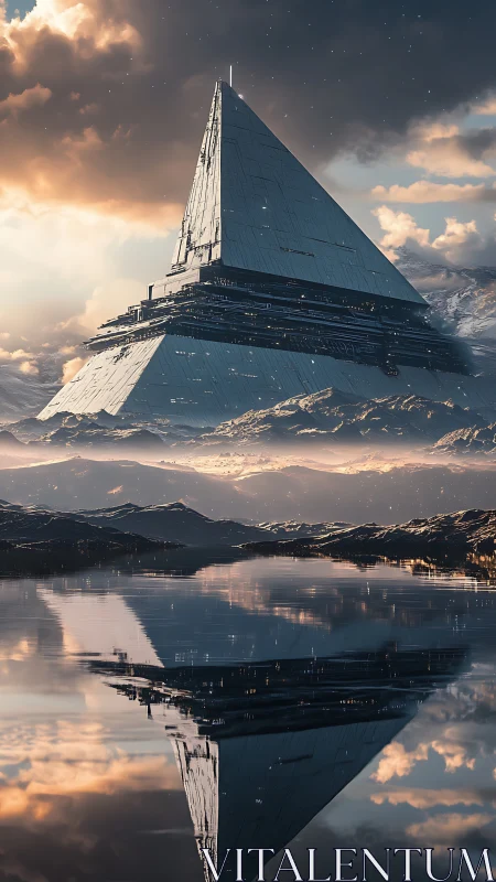 Futuristic pyramid fortress reflects across still alpine lake.