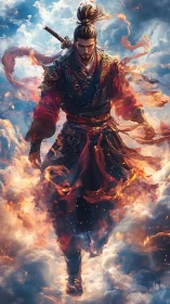 Fire-wreathed sky warrior in ornate lamellar with drawn katana
