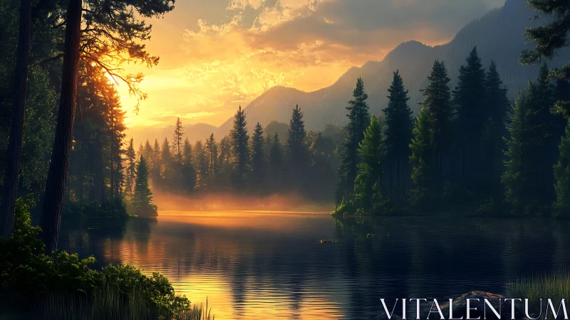 Mountain lake shoreline under warm sunset sky.