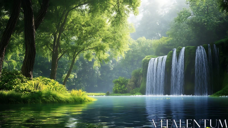 Tranquil Waterfall Haven Among Ancient Trees.