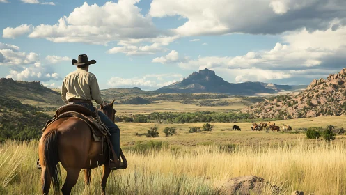 Western cowboy observes mountain valley rangeland panorama.