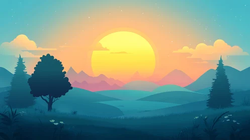 Sunlit gradient landscape with stylized hills and trees.
