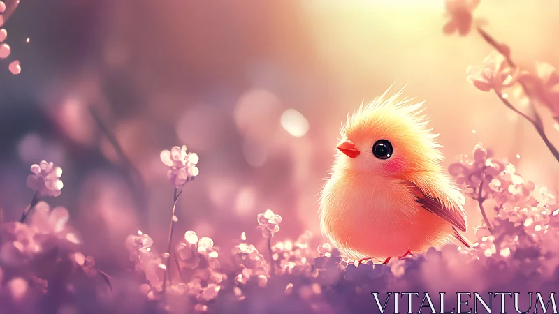 Digital painting of luminous chick amid soft-focus florals.