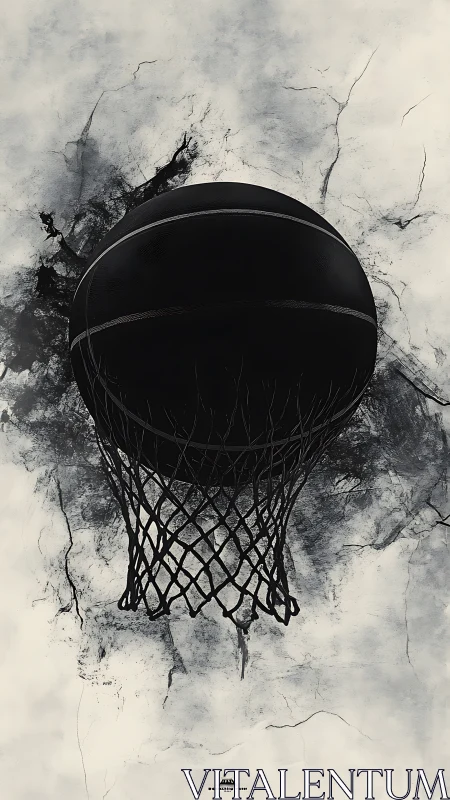 Black basketball intersects net against textured concrete field
