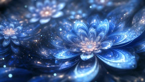 Starlit fractal blossoms swirling through a cosmic tide.