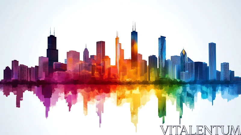 Multicolor urban skyline with mirrored waterfront reflection.