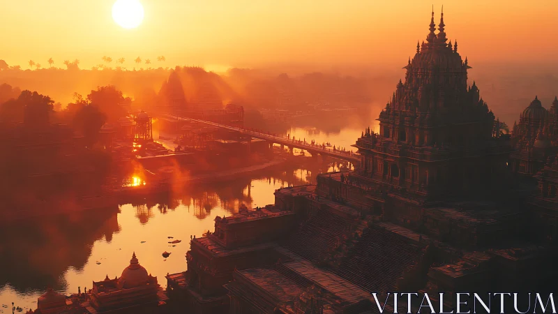 Sunlit river temple skyline in dense atmospheric haze.