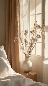Soft morning sunlight warms a minimalist neutral bedroom corner