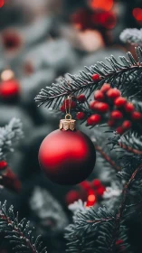 Photorealistic frosted fir with crimson Christmas bauble focus.