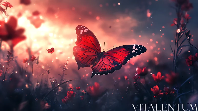 Red butterfly glides through glowing dusk meadow light