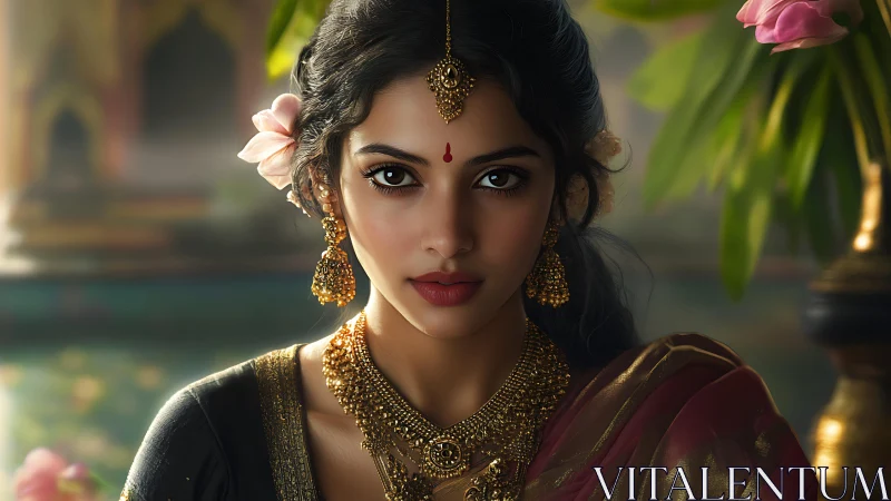 Graceful woman in traditional jewelry meets the viewer’s gaze