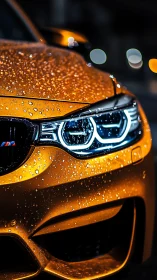 Golden sports coupe prow with neon-lit rain droplets detail.