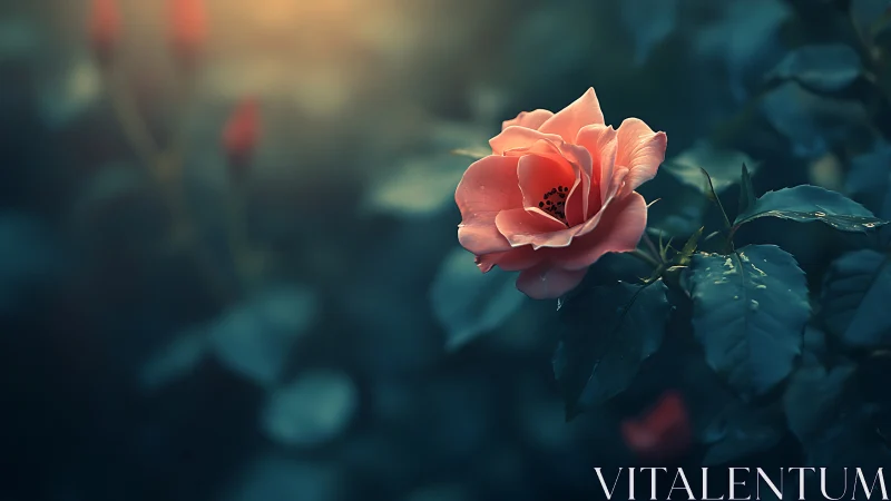 A Coral Rose Glowing in Moody Garden Shadows.