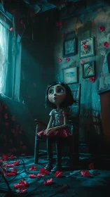 Melancholic girl in decayed room under teal window light.