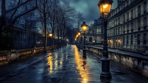 Rain-soaked city promenade glows under moody night lamplight