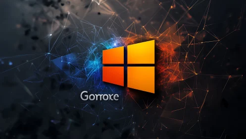 Glowing orange window logo in a vivid digital energy field.