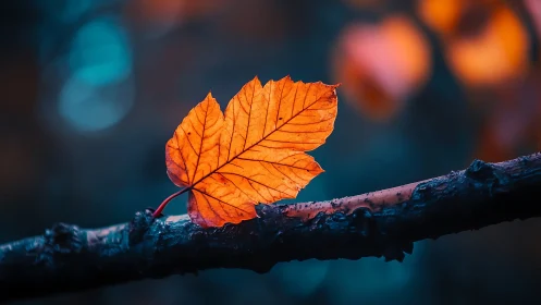 Autumn leaf macro resting on dark branch in cool bokeh glow.