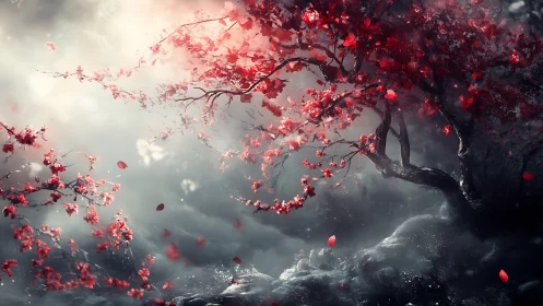 Red-leaved tree and branches in misty, diffuse light scene.