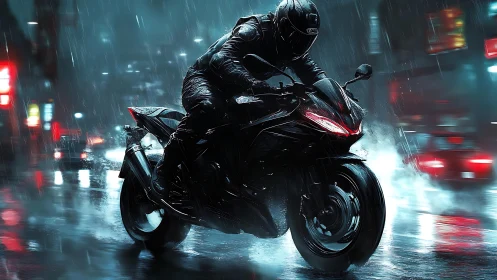 Motorcyclist cuts through neon city rain in cinematic motion
