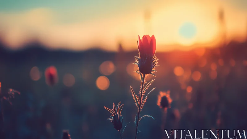Quiet wildflower glowing softly in a dreamy sunset field.