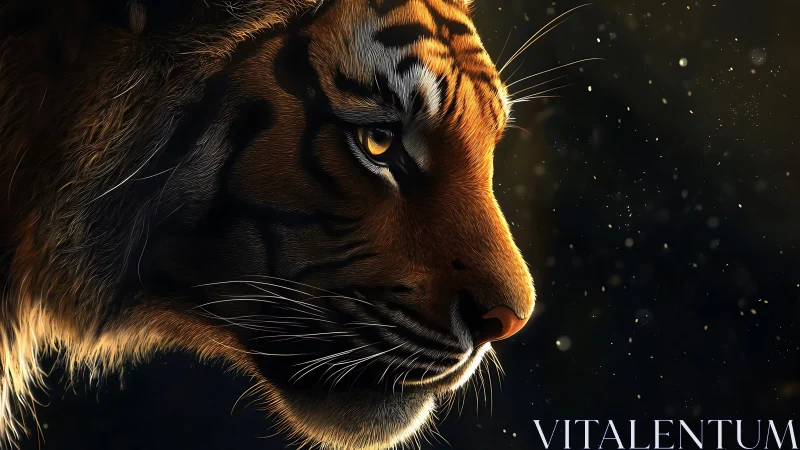 Close side profile of tiger head in dramatic low light.